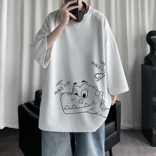 Men New Fashion Plus Size Loose Polyester Elbow Sleeve Round Neck T-shirts