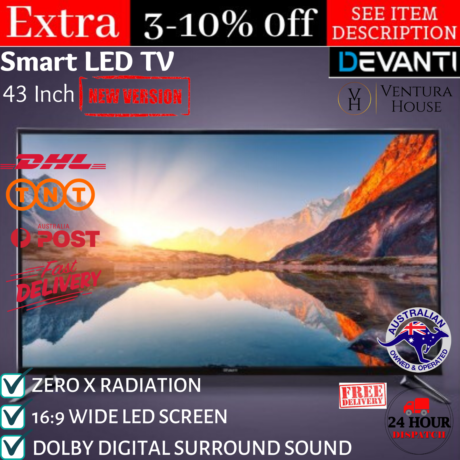 Devanti Smart LED TV 43 Inch 43″ 4K UHD HDR LCD Netflix YouTube Slim Thin Screen Devanti Smart LED TV 43 Inch 43″ 4K UHD HDR LCD Netflix YouTube Slim Thin Screen