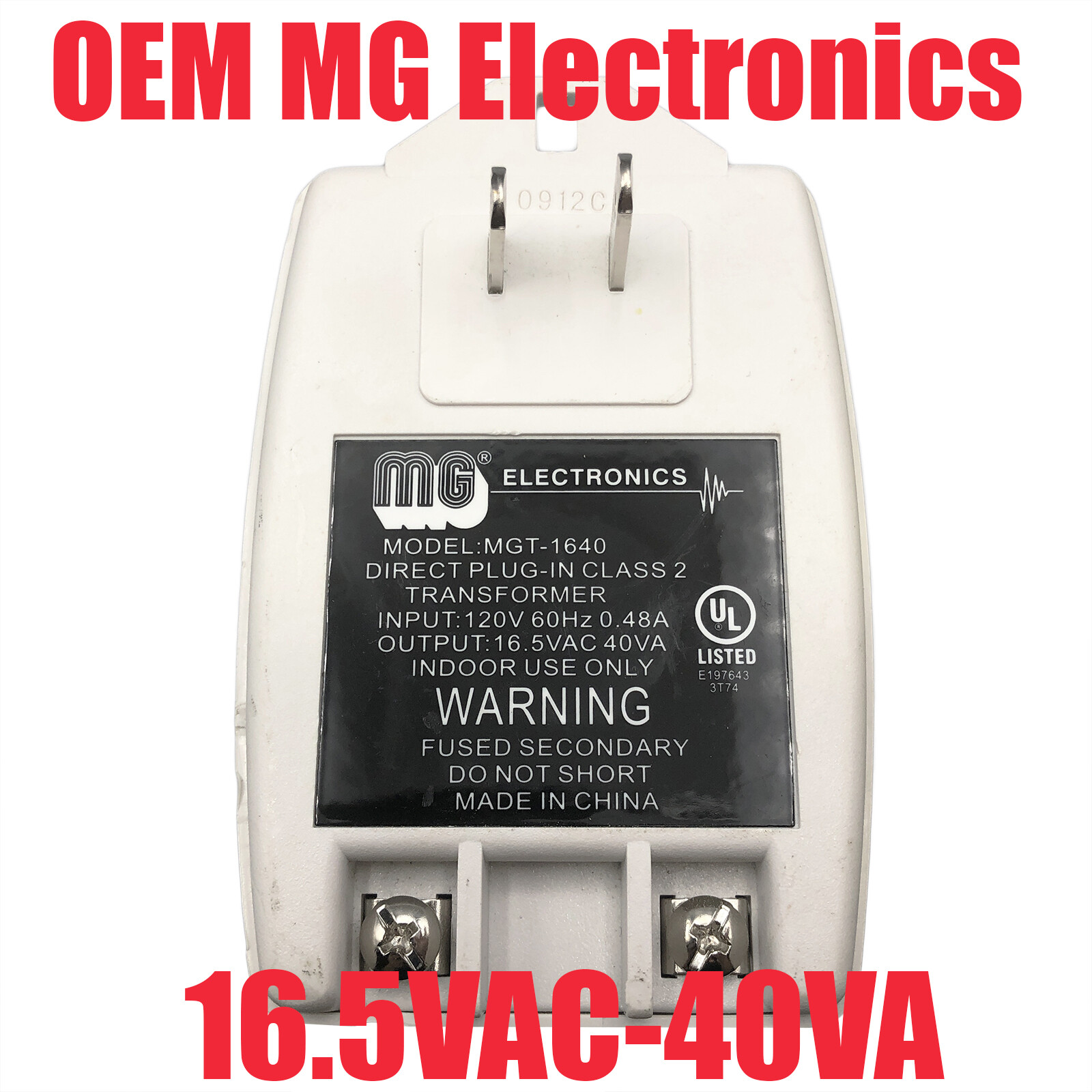 MG Electronics MGT-1640 Transformer 16.5VAC 40VA Plug-In Class 2 MG Electronics MGT-1640 Transformer 16.5VAC 40VA Plug-In Class 2
