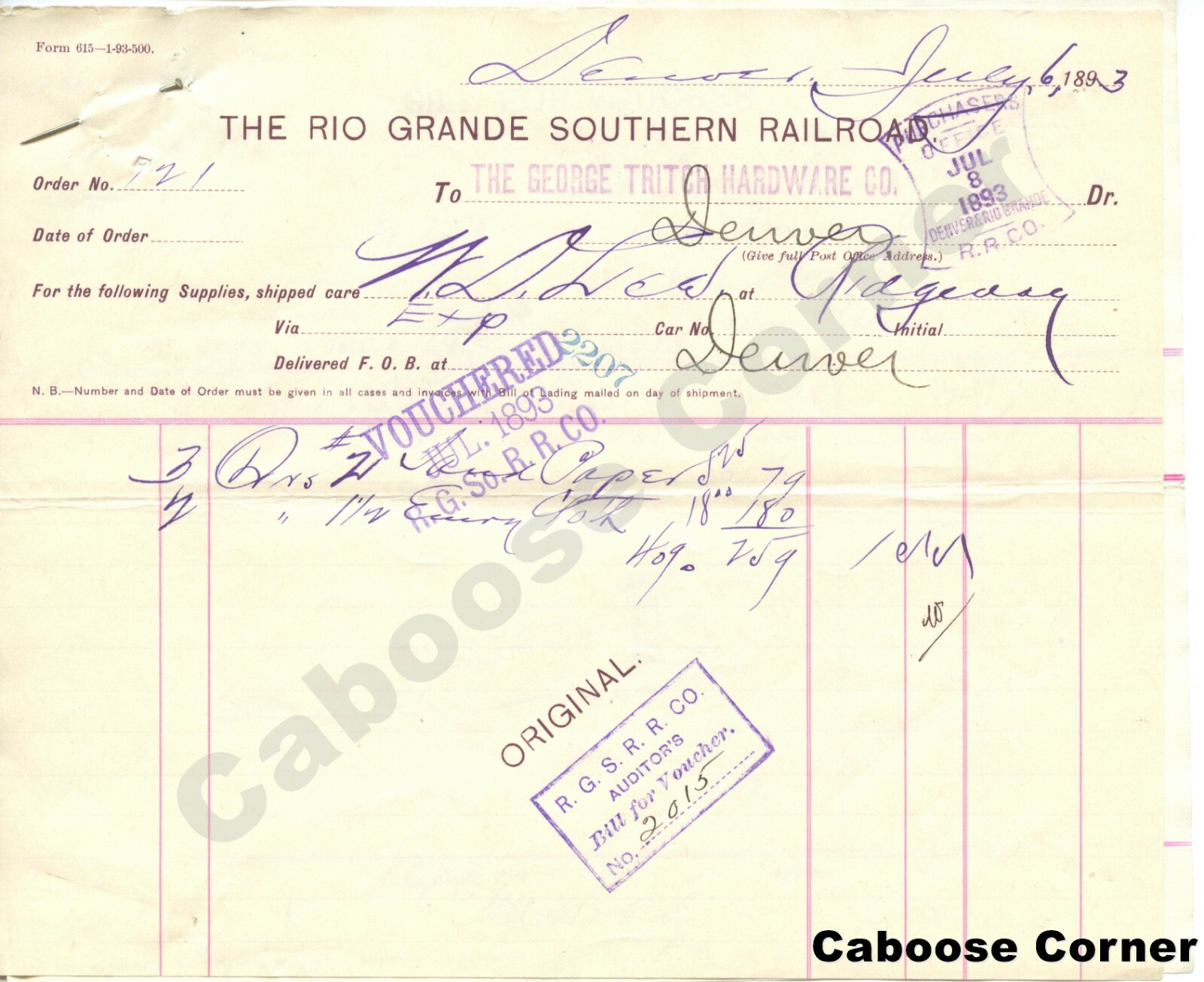 RGS Rio Grande Southern Signed by Otto Mears Bill for Voucher & Form 615 1893 RGS Rio Grande Southern Signed by Otto Mears Bill for Voucher & Form 615 1893