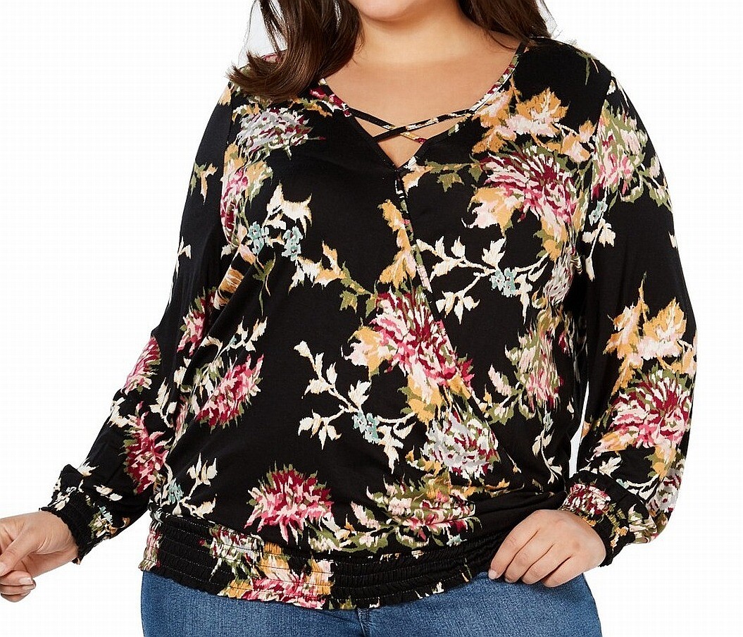 Style & Co. Womens Top Black 3X Plus Smocked Floral Criss-Cross Surplice $56 089