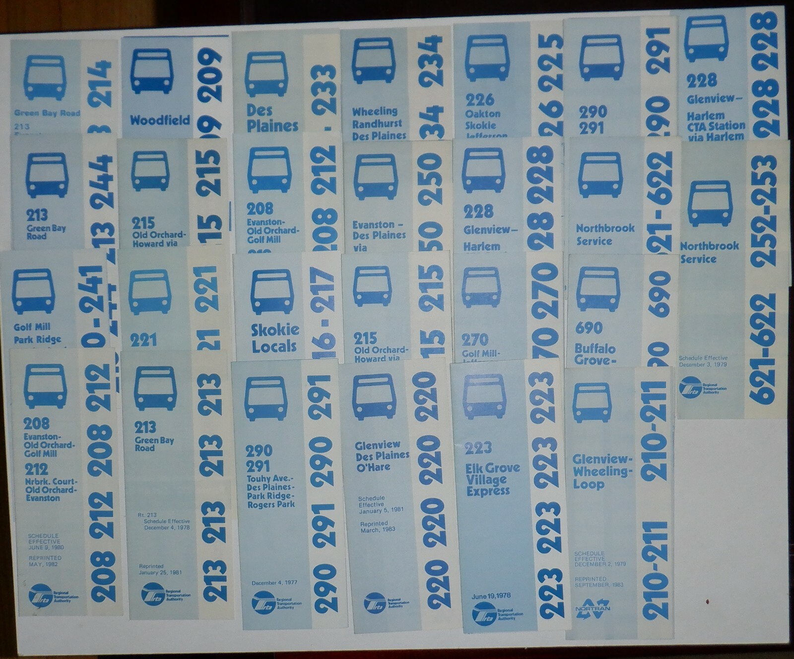 Nortran – Chicago Suburban Bus Service Timetables – lot of 26 – 1977-1988 Nortran – Chicago Suburban Bus Service Timetables – lot of 26 – 1977-1988
