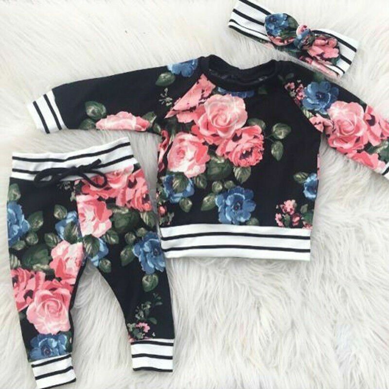 Fashion Newborn Baby Girl Floral Clothes Top T Shirt Tee Pants Outfits Tracksuit