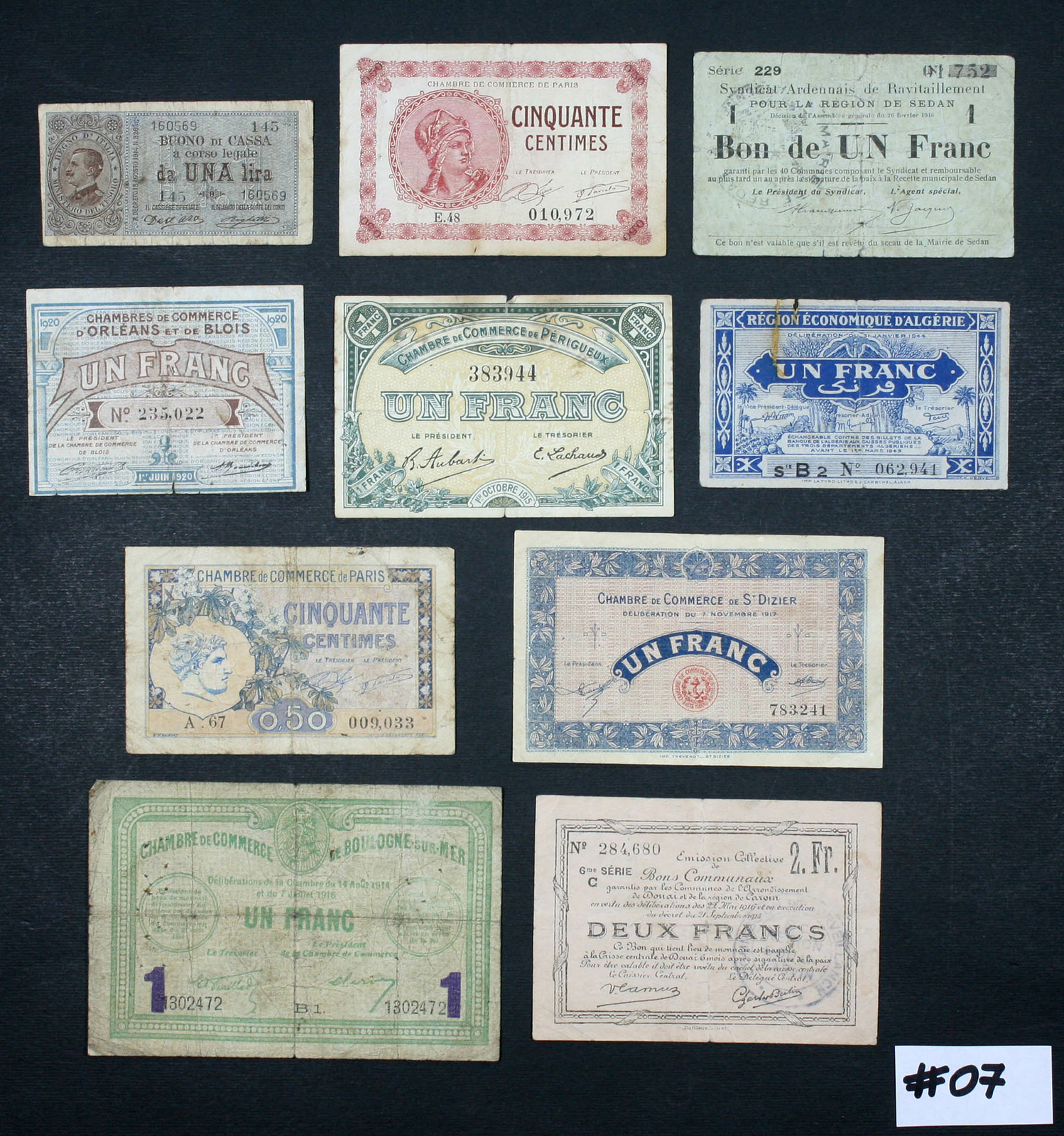 FRANCE – Lot Set of 10 Notes Bons Vouchers: 0.50 Centimaes 2 Franc 1916-1920 #07