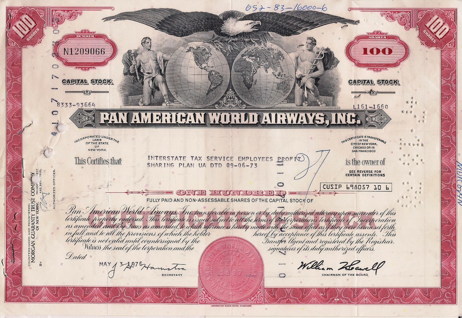 Pan Am-Pan American World Airways stock certificate to Interstate Tax Service Em Pan Am-Pan American World Airways stock certificate to Interstate Tax Service Em