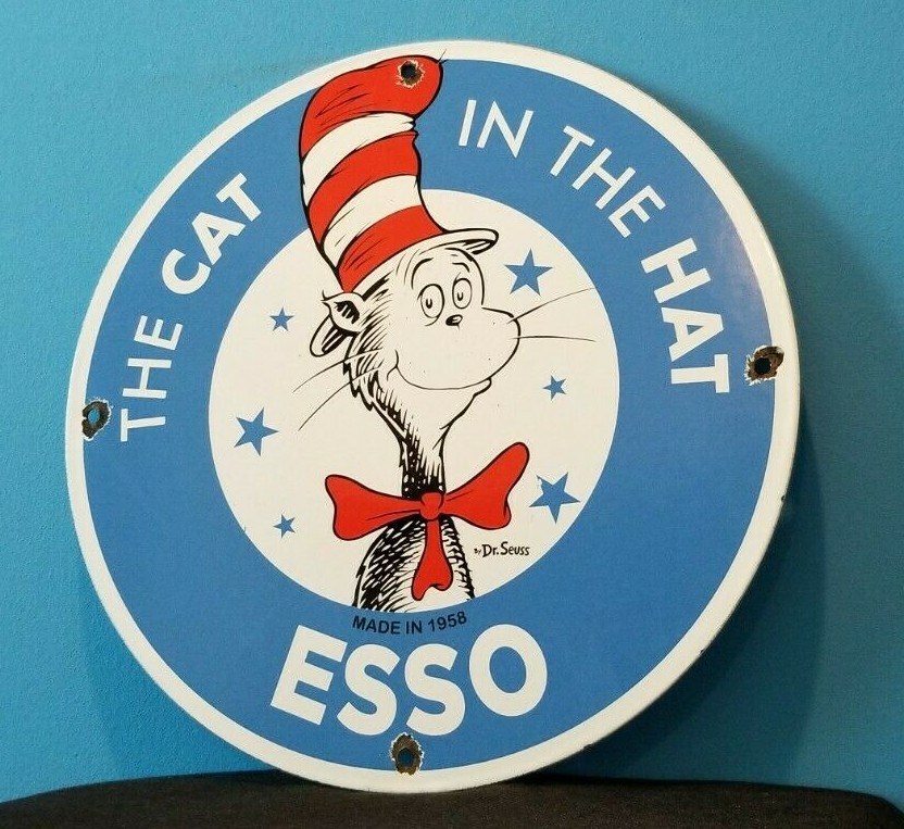VINTAGE ESSO GASOLINE PORCELAIN CAT IN THE HAT SERVICE STATION PUMP PLATE SIGN VINTAGE ESSO GASOLINE PORCELAIN CAT IN THE HAT SERVICE STATION PUMP PLATE SIGN