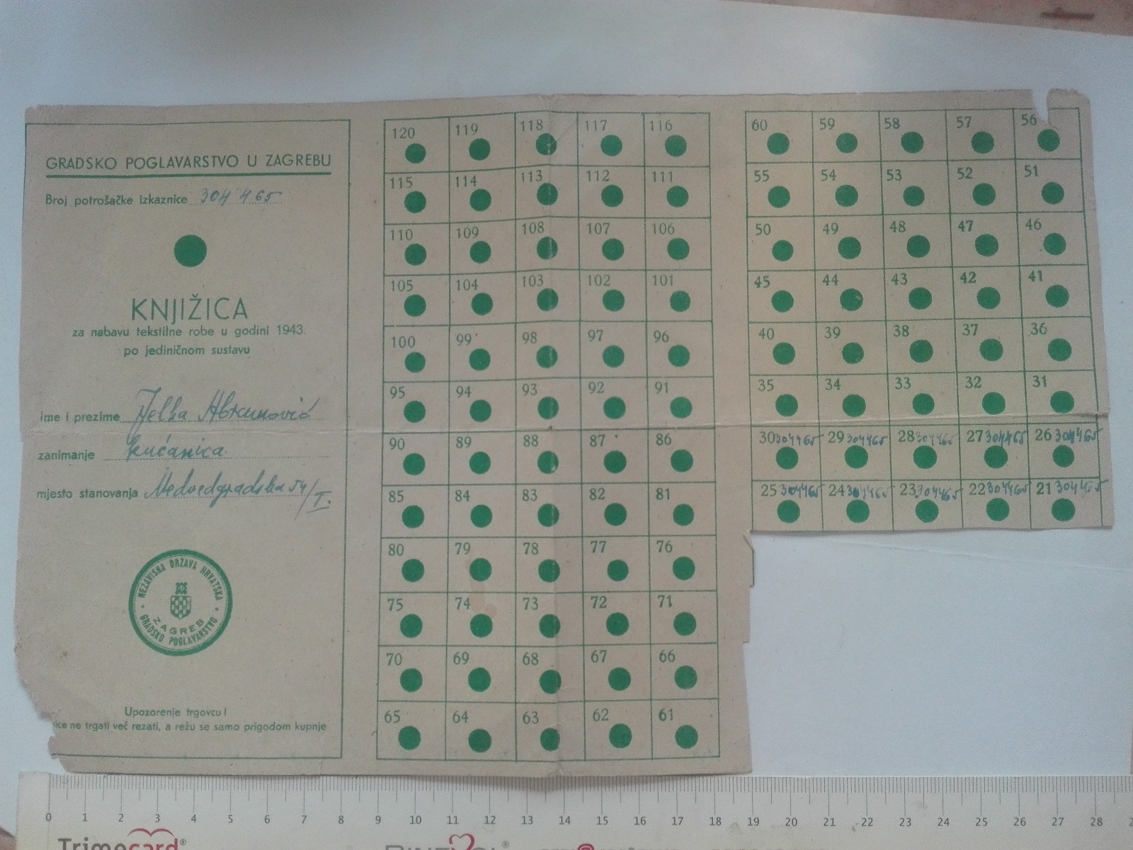 1943 WWII NDH CROATIA ZAGREB GERMANY TEXTILE FABRICS CLOTHES COUPON VOUCHER WW2