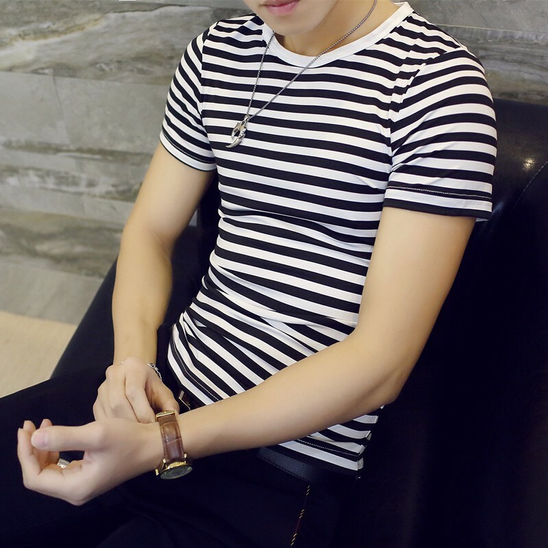 Crew T-shirt Fashion Summer Sleeve Men’s Fit Comfy Tee Striped Tops Slim Short