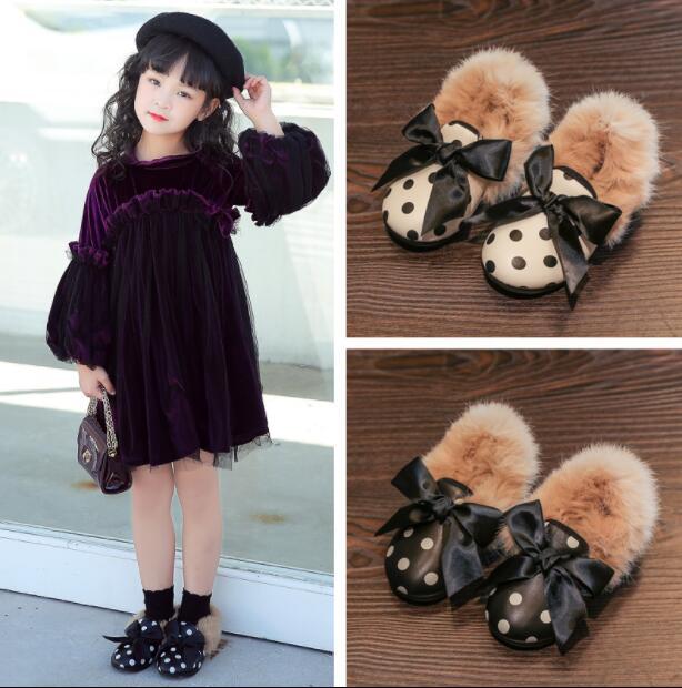 Kids Girls Fashion Bowknot Fur Furry Slip On Loafers Princess Sweet Dress Shoes