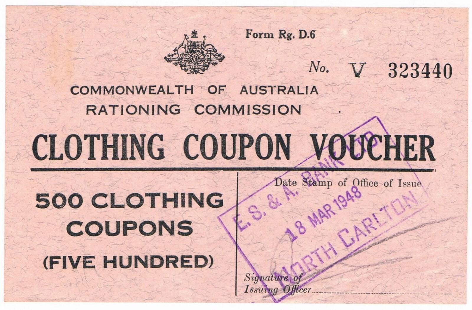 AUSTRALIA • 1948 Clothing Coupon Voucher: 500 Clothing Coupons AUSTRALIA • 1948 Clothing Coupon Voucher: 500 Clothing Coupons