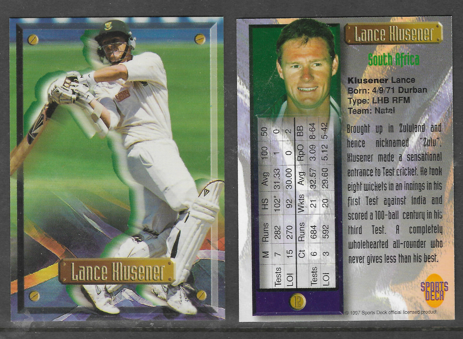LANCE KLUSENER (South Africa) 1997 South Africa SPORTS DECK CRICKET CARD #12