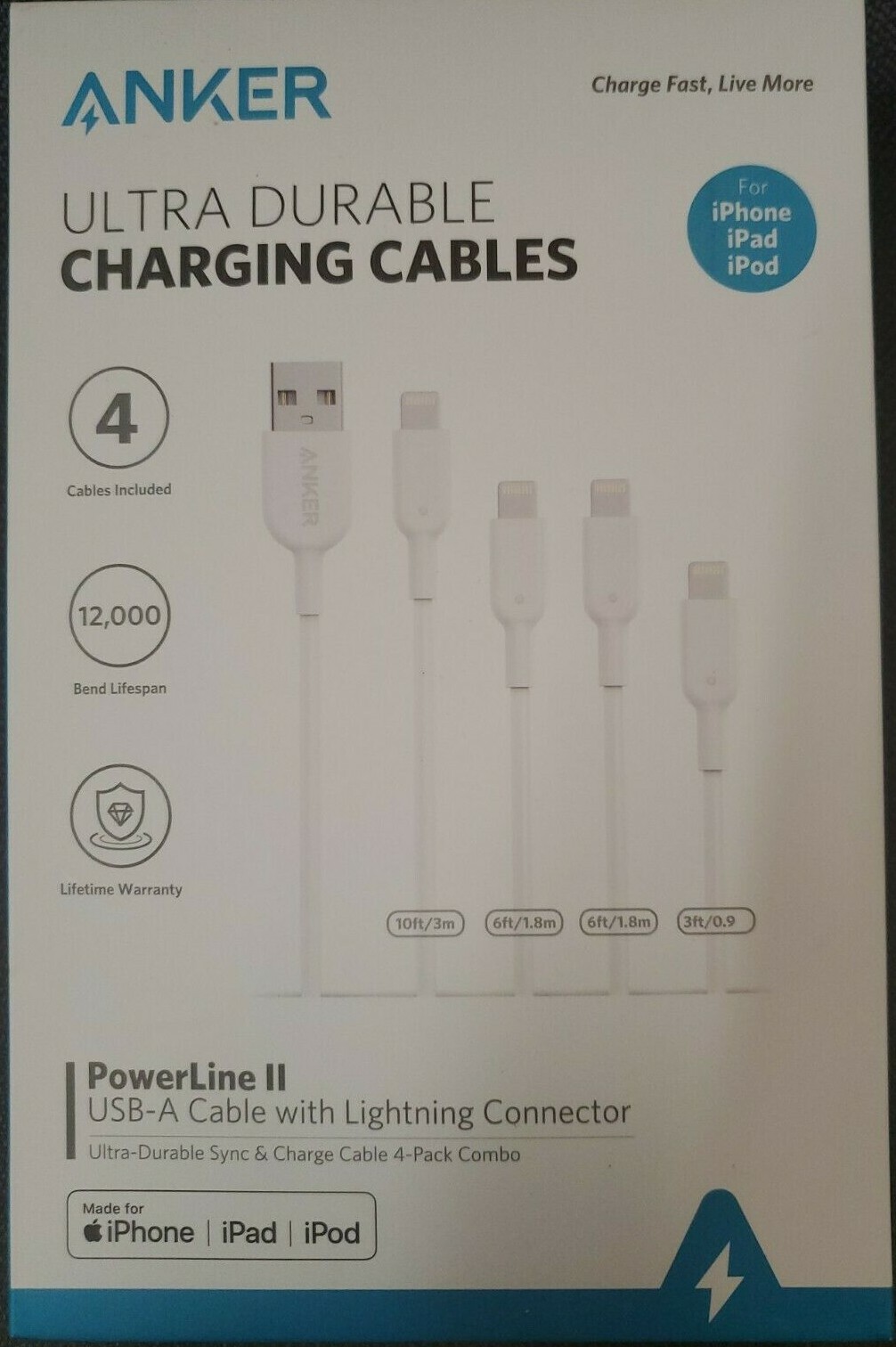 Anker PowerLine II USB-A to Lightning Cable 4-PACK – New In Box Anker PowerLine II USB-A to Lightning Cable 4-PACK – New In Box