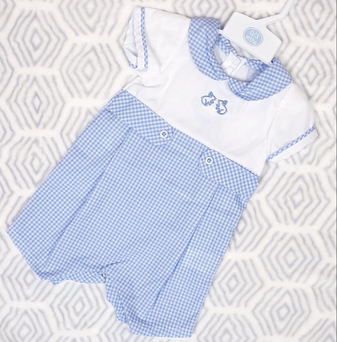 Baby Boys Spanish Style Romper All in One 0-3 3-6 6-9 Mth Embroidered Blue White Baby Boys Spanish Style Romper All in One 0-3 3-6 6-9 Mth Embroidered Blue White