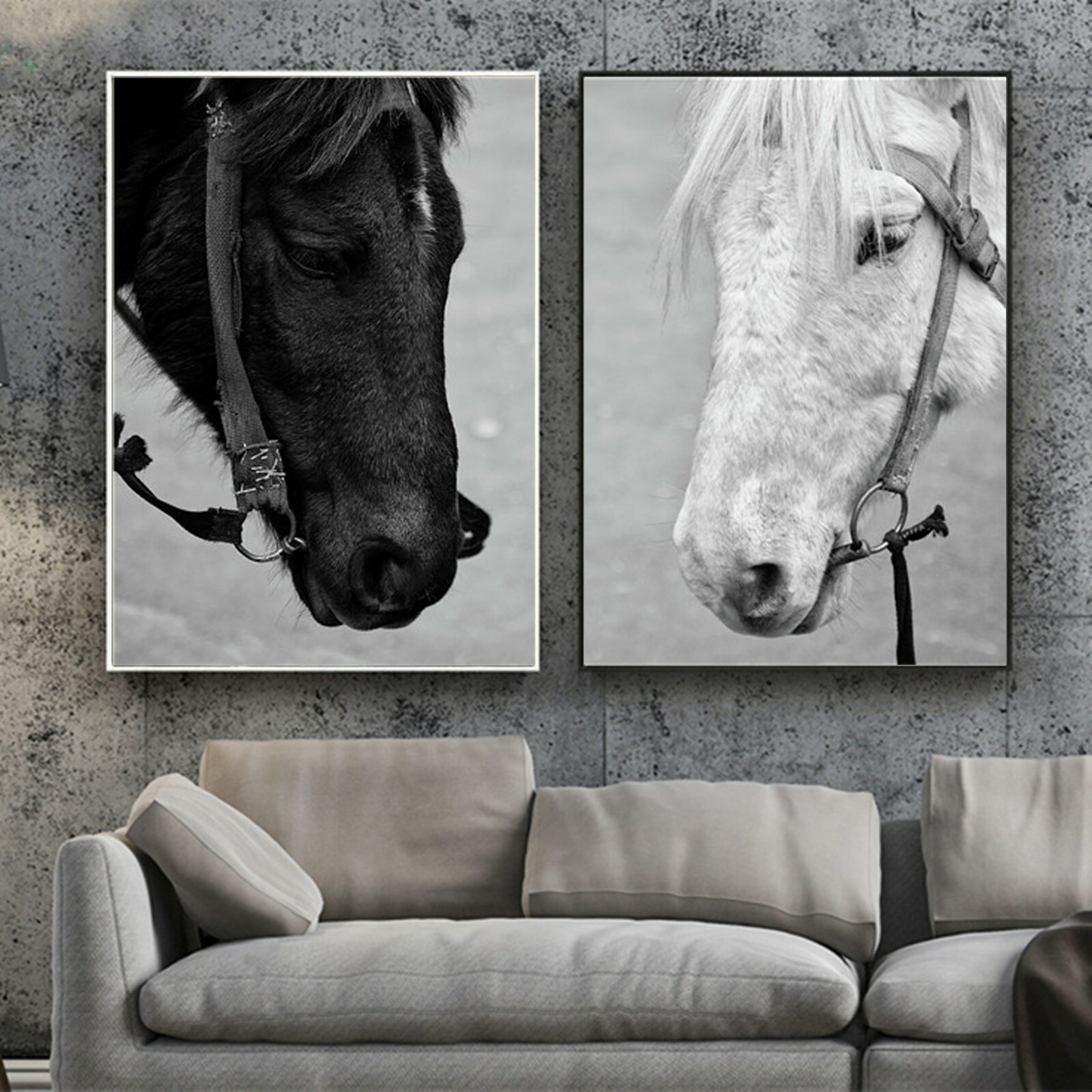 Set 2 Prints Horse Black White Paint Art Silk Canvas Poster No Frame 8″x12″