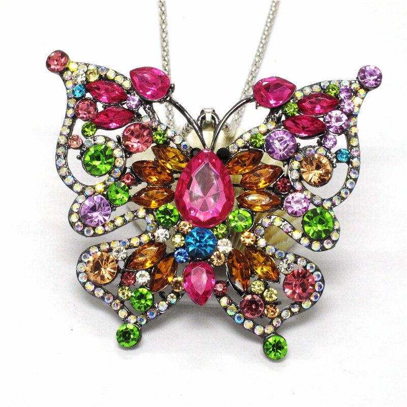 Hot Cute Color Butterfly Mix Crystal Jewelry Fashion Pendant Chain Necklace