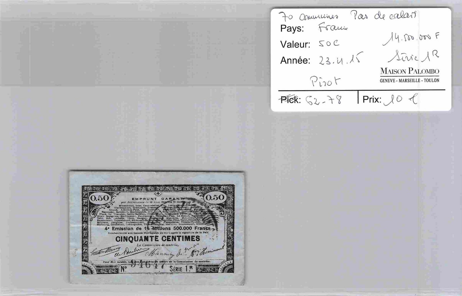 Vouchers Common Land 70 Pas De Calais – 50 Cents 23/4/15 Series 1R -N No 94647 Vouchers Common Land 70 Pas De Calais – 50 Cents 23/4/15 Series 1R -N No 94647