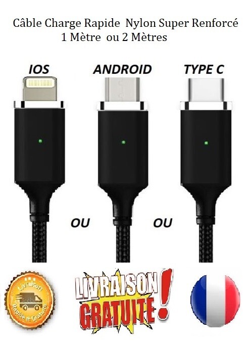 Câble Chargeur USB 2.4A Charge Rapide Nylon Tressé iPhone Samsung Huawei, Oppo Câble Chargeur USB 2.4A Charge Rapide Nylon Tressé iPhone Samsung Huawei, Oppo