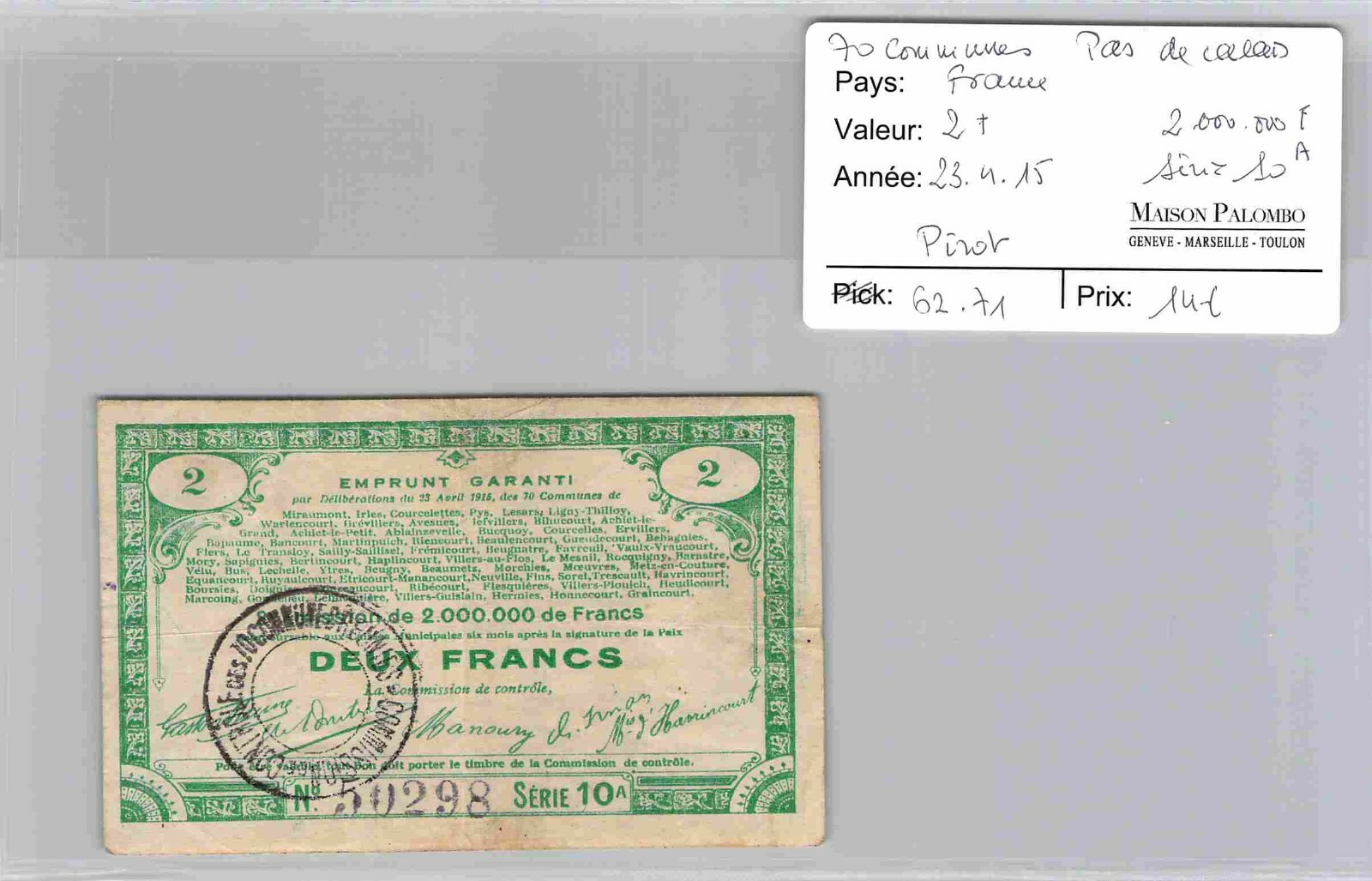 Vouchers Common Land 70 Pas De Calais – 2 Francs 23/4/15 Series 10 – N° 50298 Vouchers Common Land 70 Pas De Calais – 2 Francs 23/4/15 Series 10 – N° 50298