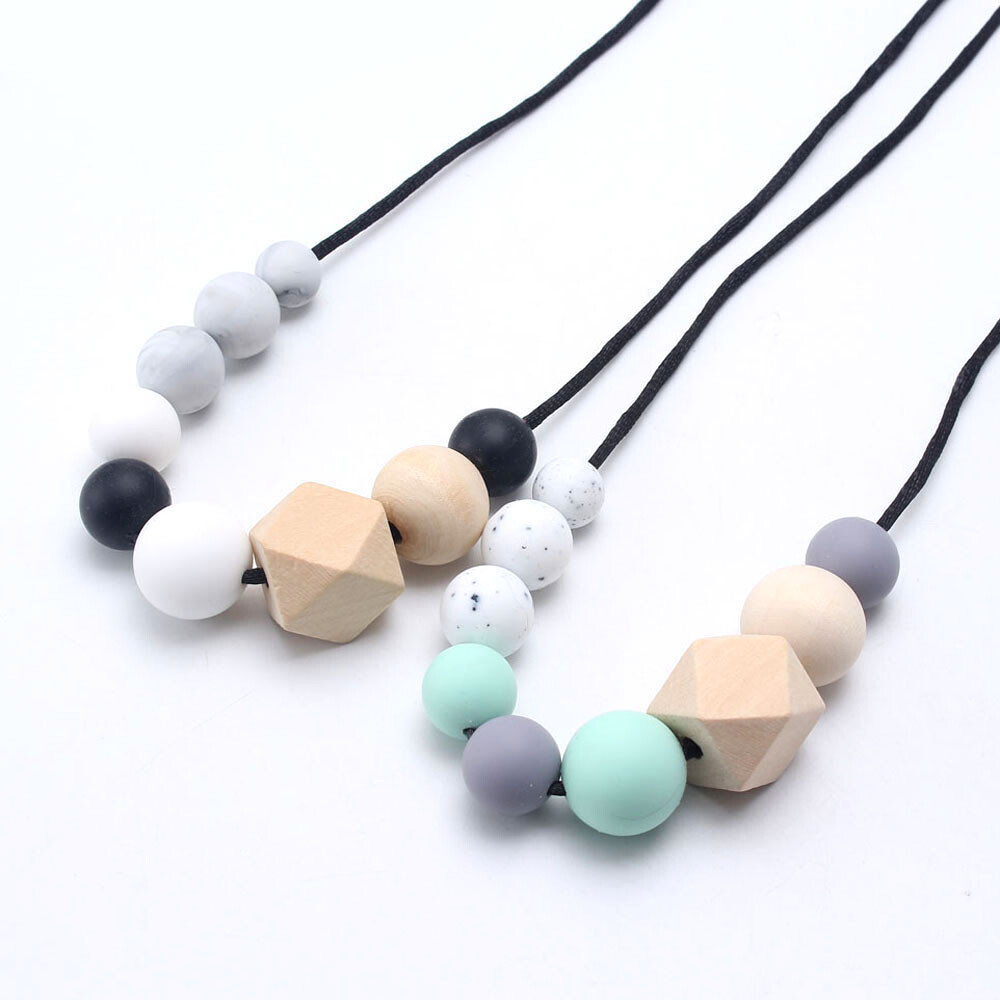 Natural Wooden Round Silicone Beads Baby Teething Chewable Mom Necklace Jewelry