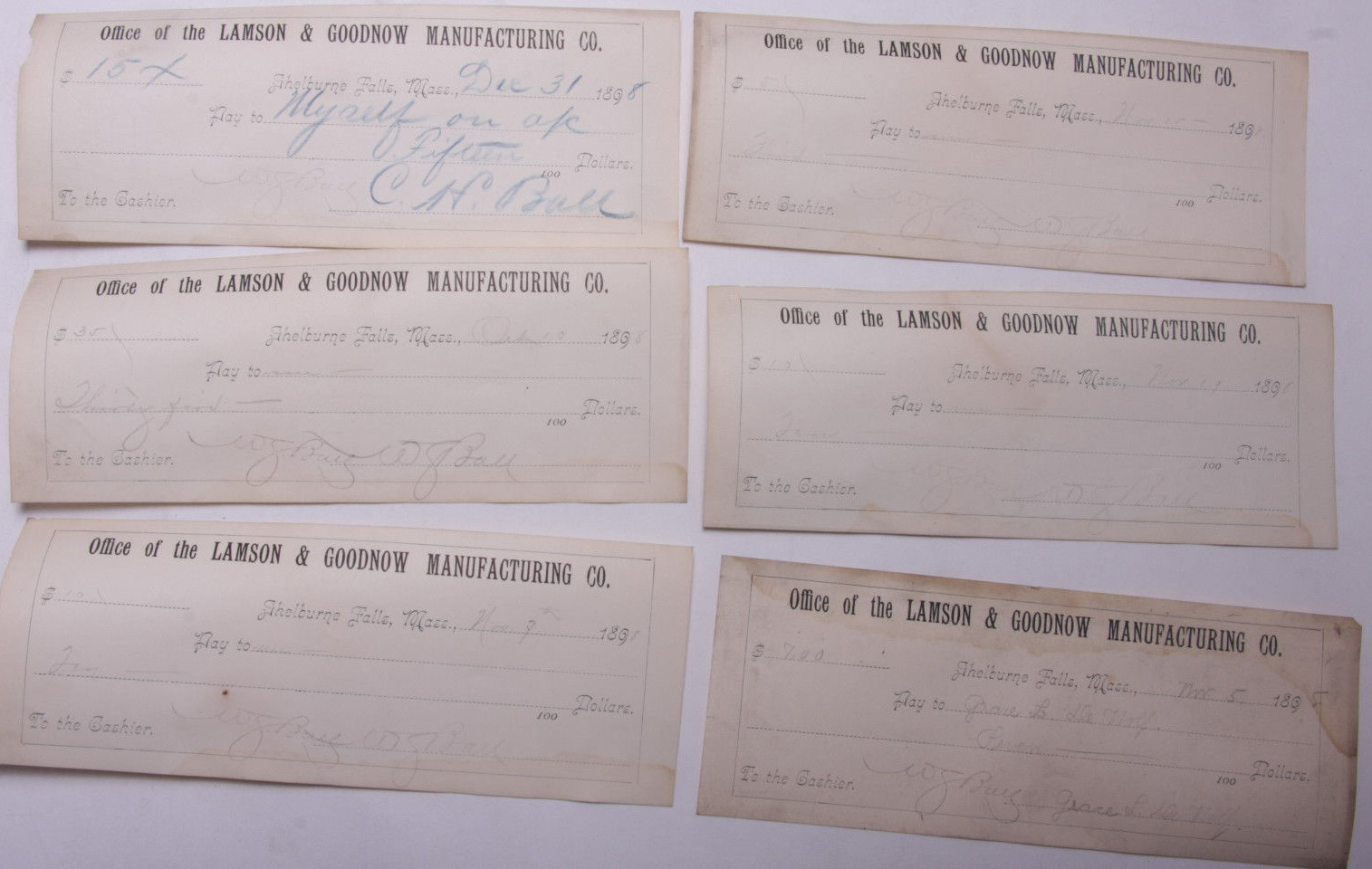 1898 Lamson Goodnow (6) Signed Pay Vouchers Antique Hand Written Ephemera C28-17 1898 Lamson Goodnow (6) Signed Pay Vouchers Antique Hand Written Ephemera C28-17