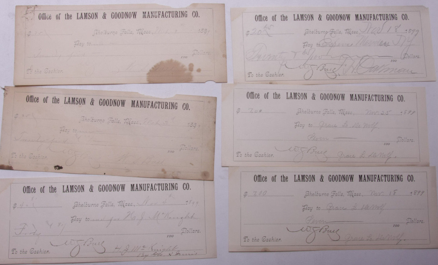 1899 Lamson Goodnow (6) Signed Pay Vouchers Antique Hand Written Ephemera C28-28 1899 Lamson Goodnow (6) Signed Pay Vouchers Antique Hand Written Ephemera C28-28