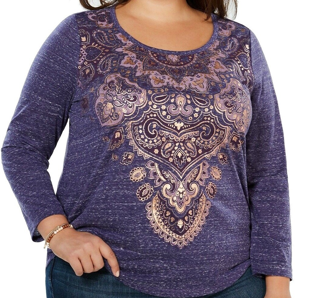 Style & Co. Women’s Top Purple Size 1X Plus Metallic Graphic Print $34 #358
