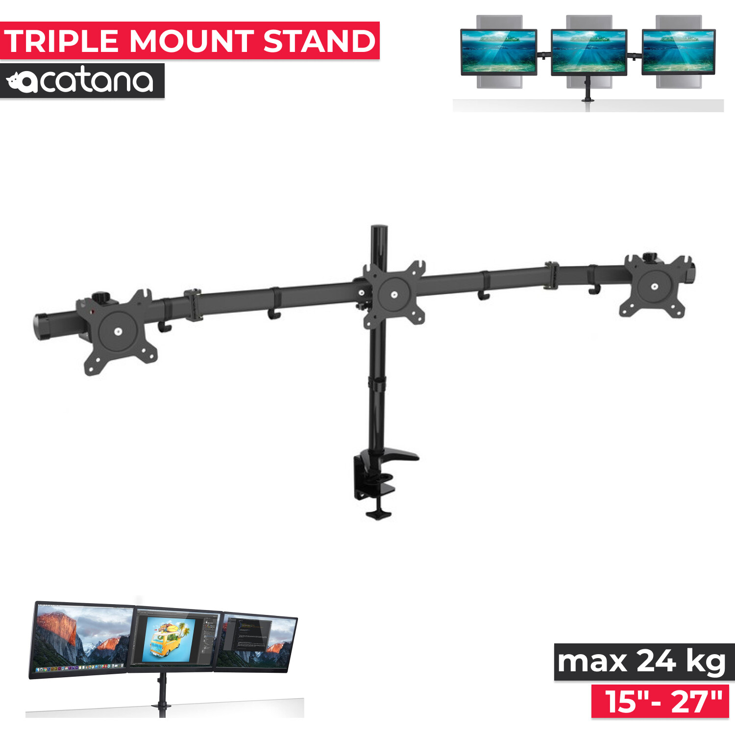 Acatana Triple Monitor Stand Arm Desk Mount Holder 3 Screen LCD LED HD VESA 27″ Acatana Triple Monitor Stand Arm Desk Mount Holder 3 Screen LCD LED HD VESA 27″