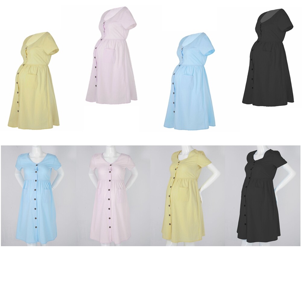 Pregnant Women Summer Shirt Dress Maternity Short Sleeve Sundress Casual Clothes