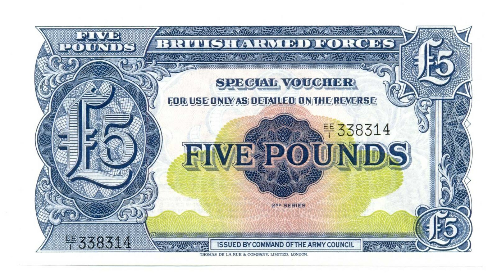 Great Britain British Armed Forces Special Voucher 5 Pounds 2nd S 1958 UNC #M23 Great Britain British Armed Forces Special Voucher 5 Pounds 2nd S 1958 UNC #M23