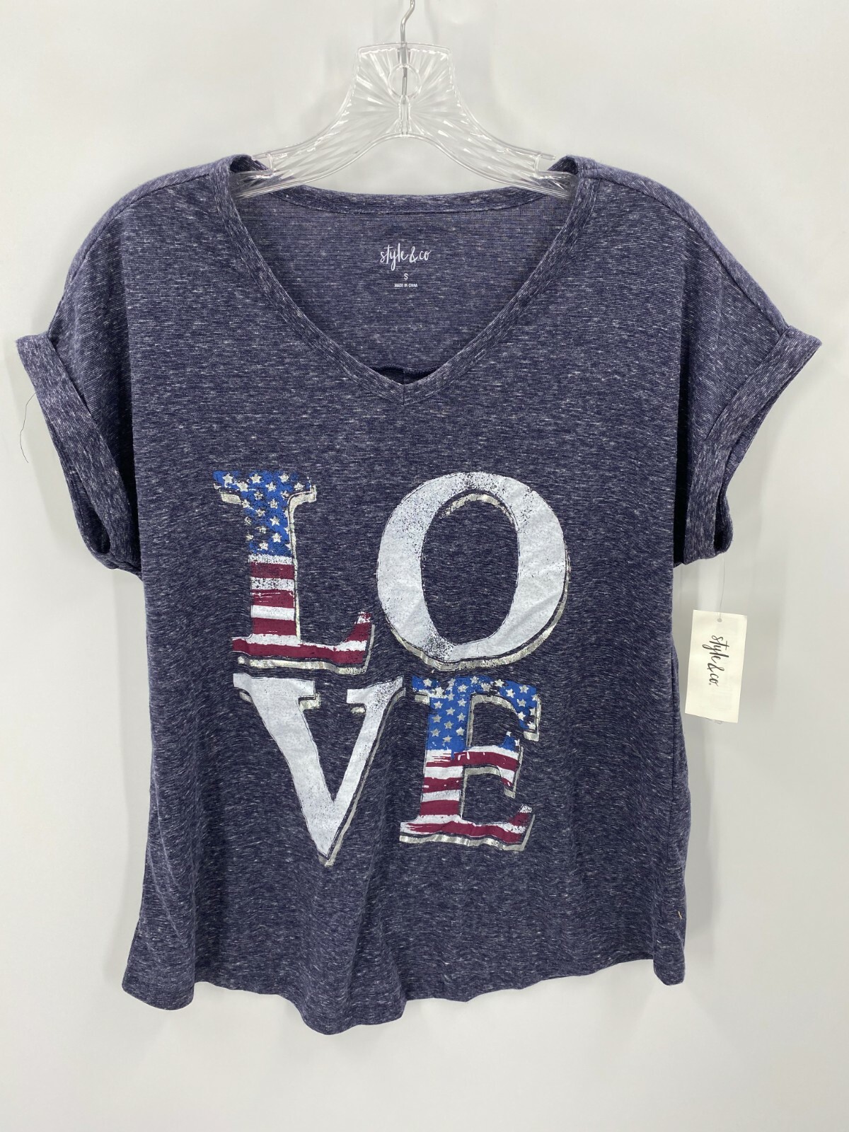 Style & Co. Womens T-Shirt LOVE V-Neck Short Sleeve Blue Size S New Style & Co. Womens T-Shirt LOVE V-Neck Short Sleeve Blue Size S New