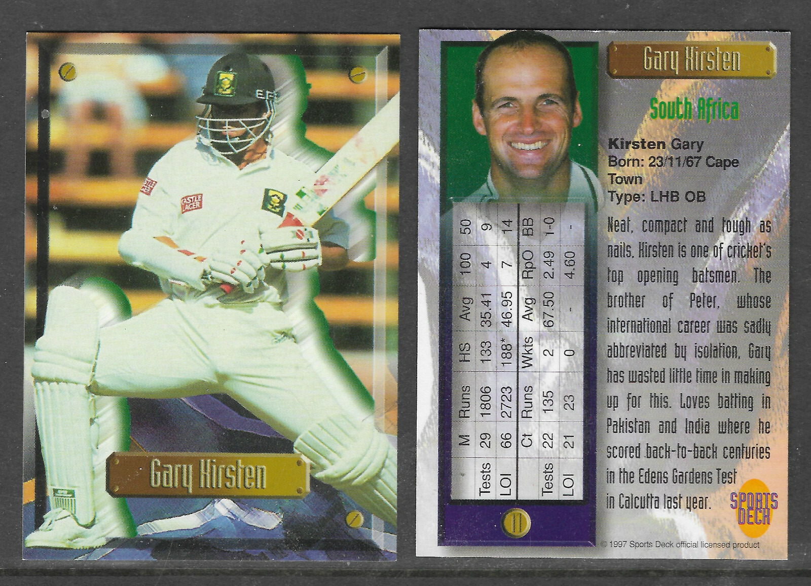 GARY KIRSTEN (South Africa) 1997 South Africa SPORTS DECK CRICKET CARD #11