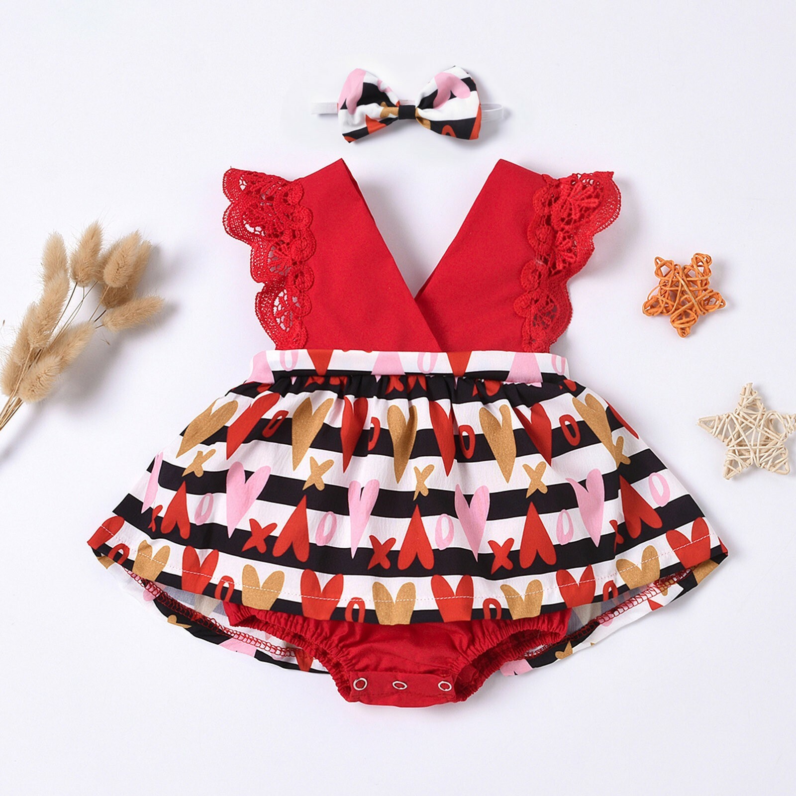 2PC Baby Girls Valentine Printed Romper Dress Jumpsuit+Headband Outfit Clothes 2PC Baby Girls Valentine Printed Romper Dress Jumpsuit+Headband Outfit Clothes