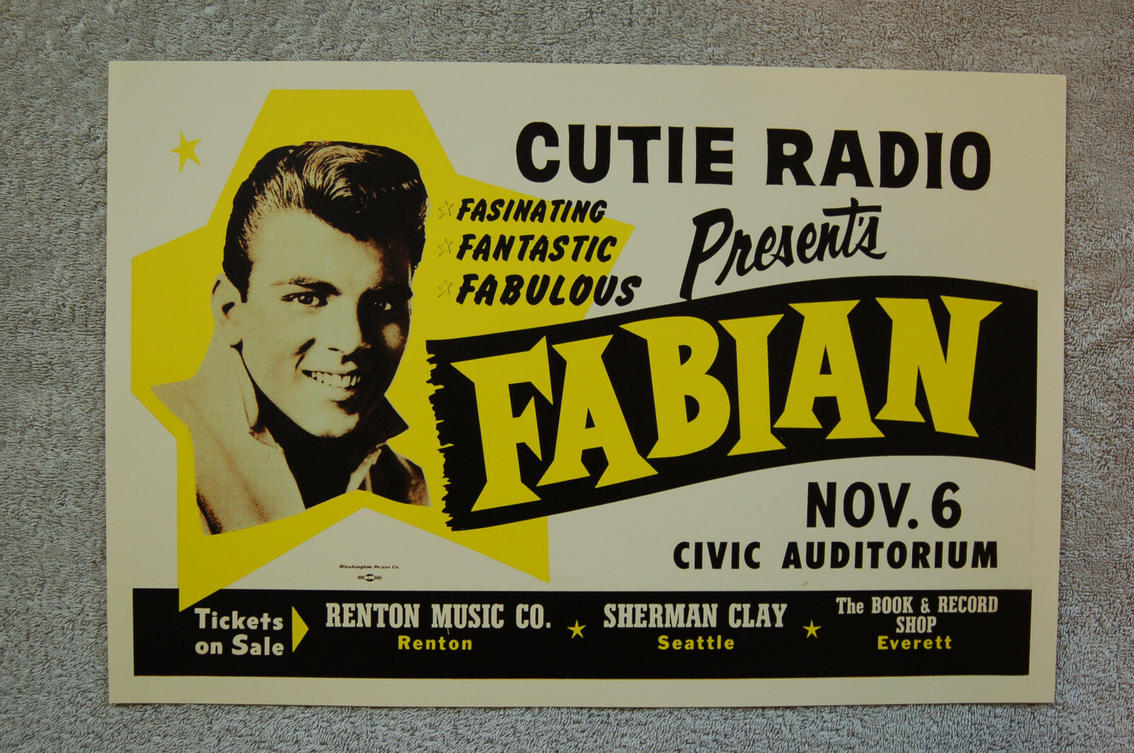 Fabian Concert Tour Poster 1960 Renton Seattle Everett Fabian Concert Tour Poster 1960 Renton Seattle Everett