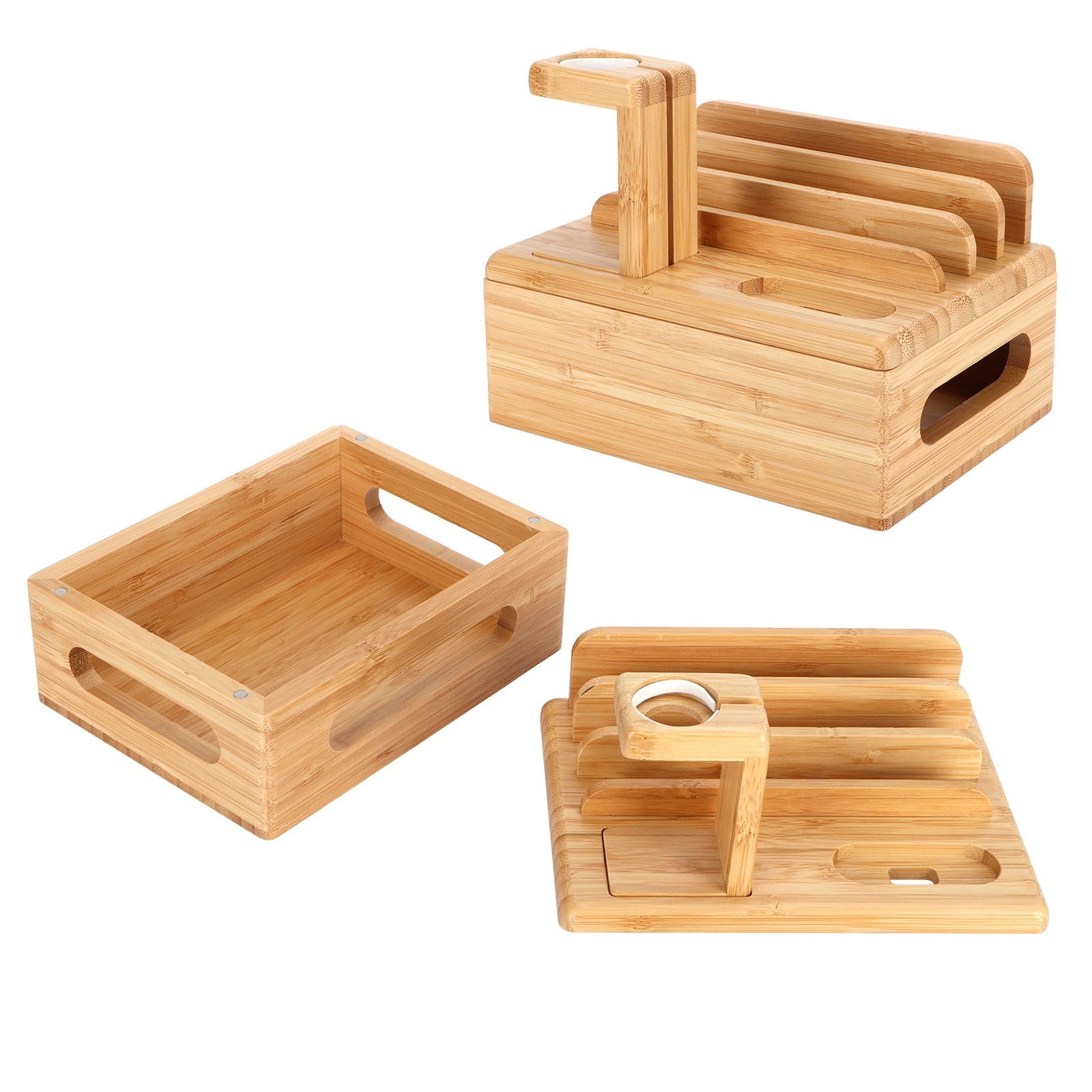 Bamboo Device Organizer Stand Cellphone Tablet Watch Holder Desktop Storage B ZL