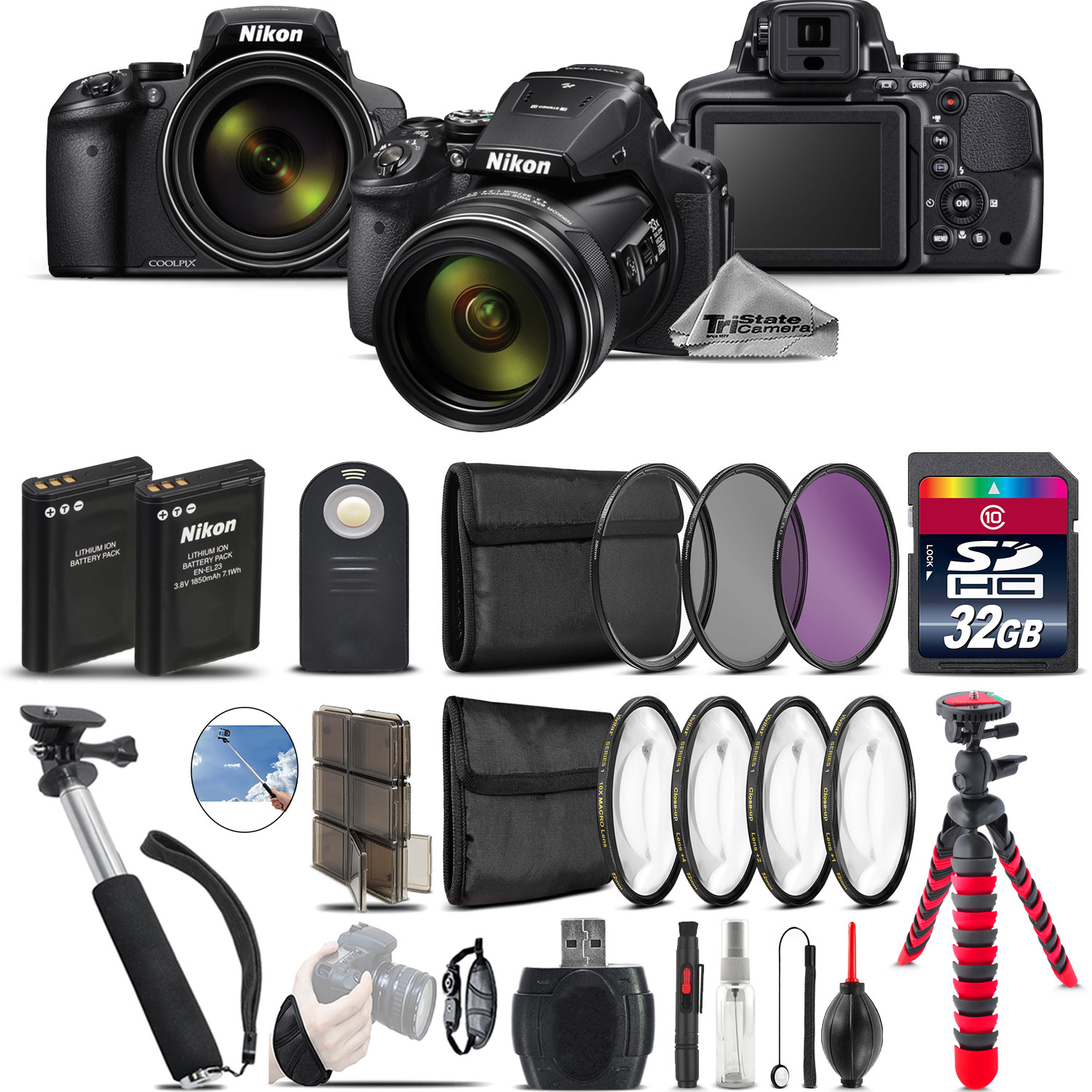 Nikon COOLPIX P900 Digital Camera + Spider Tripod + Extra Battery – 32GB Kit