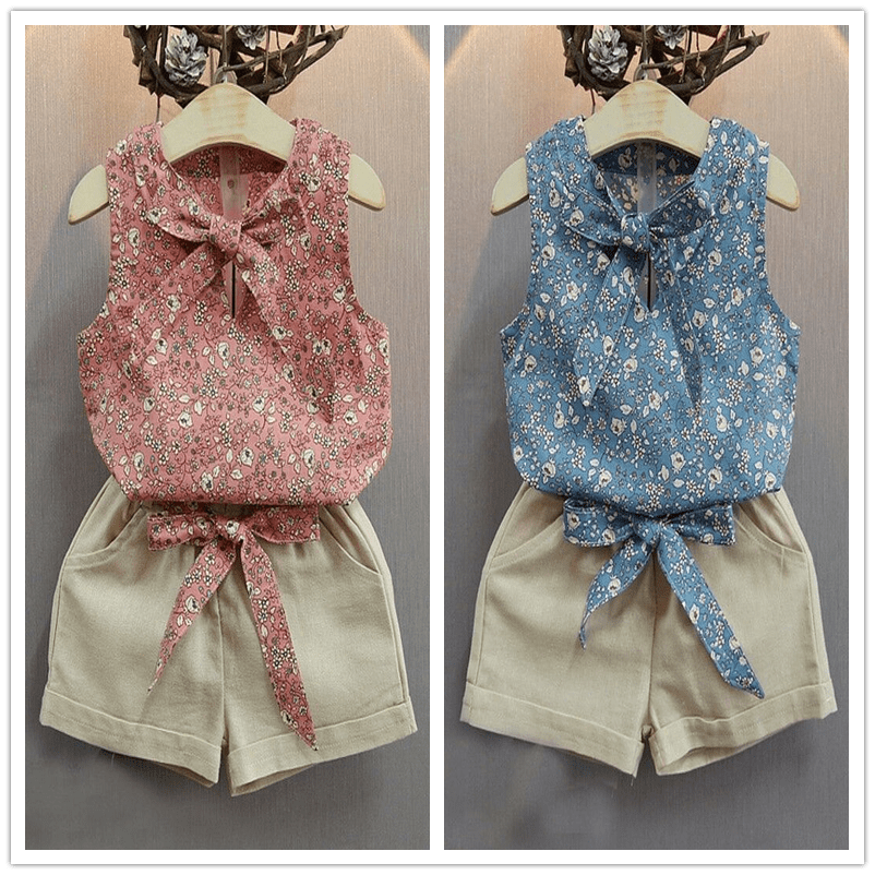 2pcs Kids Baby Girls Outfits Sleeveless Floral Blouse+Shorts Fashion Clothes Set 2pcs Kids Baby Girls Outfits Sleeveless Floral Blouse+Shorts Fashion Clothes Set