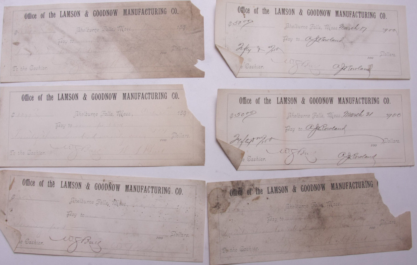 1900 Lamson Goodnow (6) Signed Pay Vouchers Antique Hand Written Ephemera C28-3 1900 Lamson Goodnow (6) Signed Pay Vouchers Antique Hand Written Ephemera C28-3