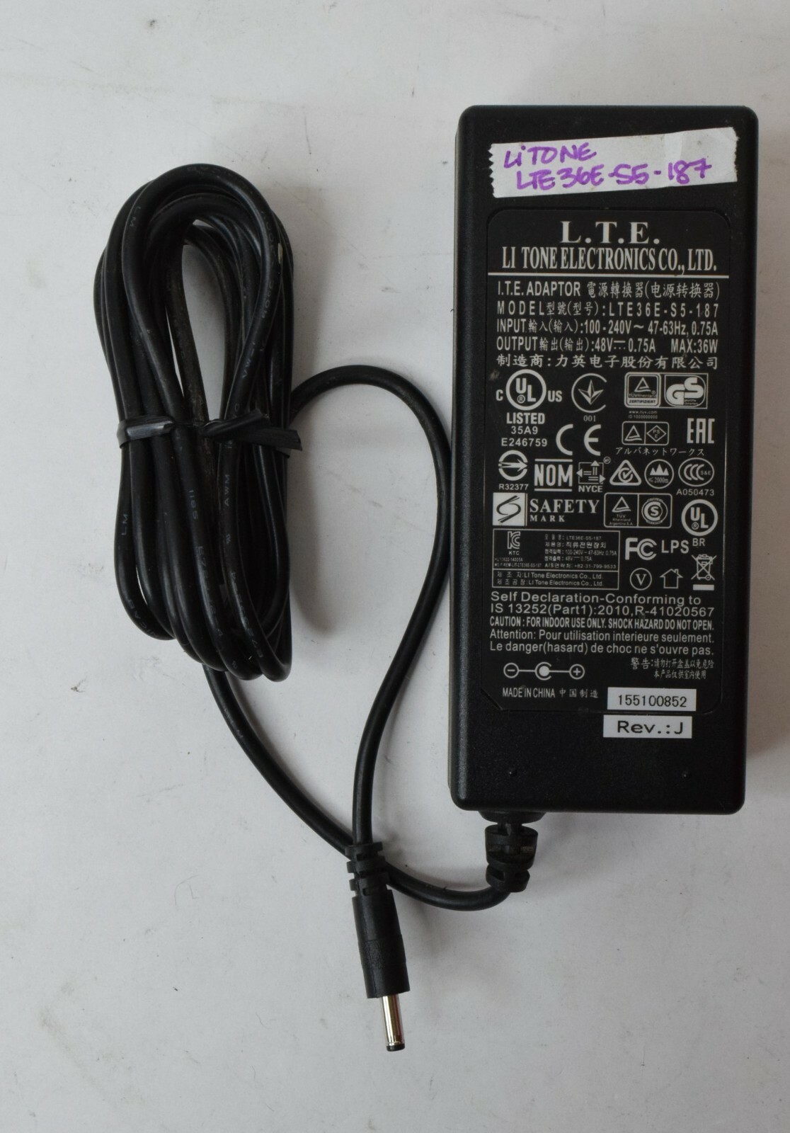 LI Tone Electronics Power Supply Adapter Unit LTE36E-S5-187 48V 0.75A 36W LI Tone Electronics Power Supply Adapter Unit LTE36E-S5-187 48V 0.75A 36W