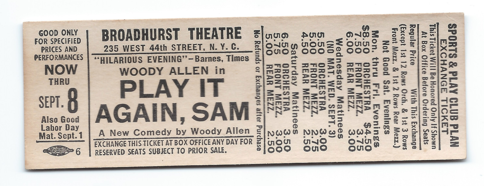 1969 Woody Allen ticket voucher from “Play It Again Sam”, Broadway, Diane Keaton 1969 Woody Allen ticket voucher from “Play It Again Sam”, Broadway, Diane Keaton