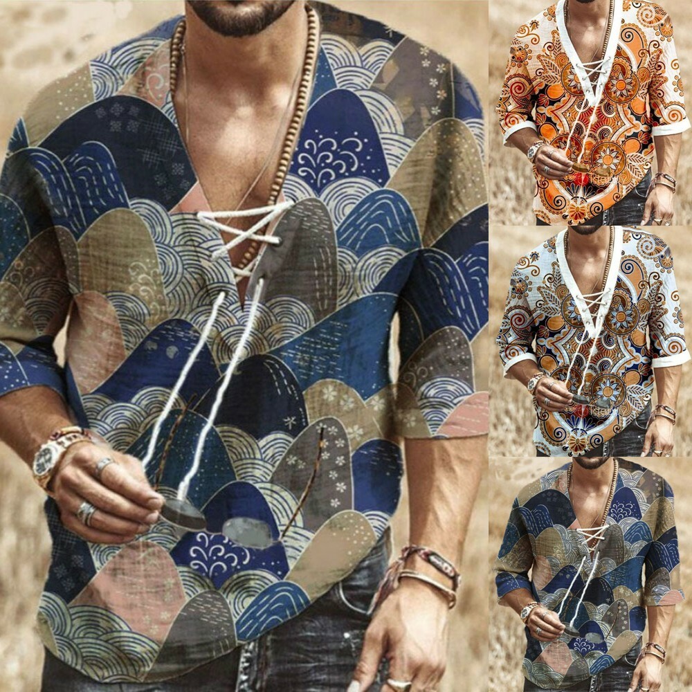 T Shirt T-shirt Tops Cosplay V-Neck Costume Fashion Lace-up Loose Mens