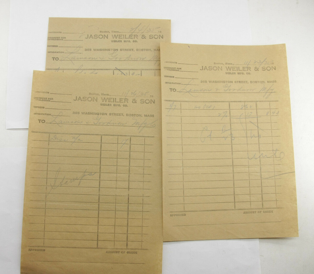 1935 Lamson Goodnow Jason Weiler and Son Boston MA Paymt Vouchers Ephemera P770J 1935 Lamson Goodnow Jason Weiler and Son Boston MA Paymt Vouchers Ephemera P770J