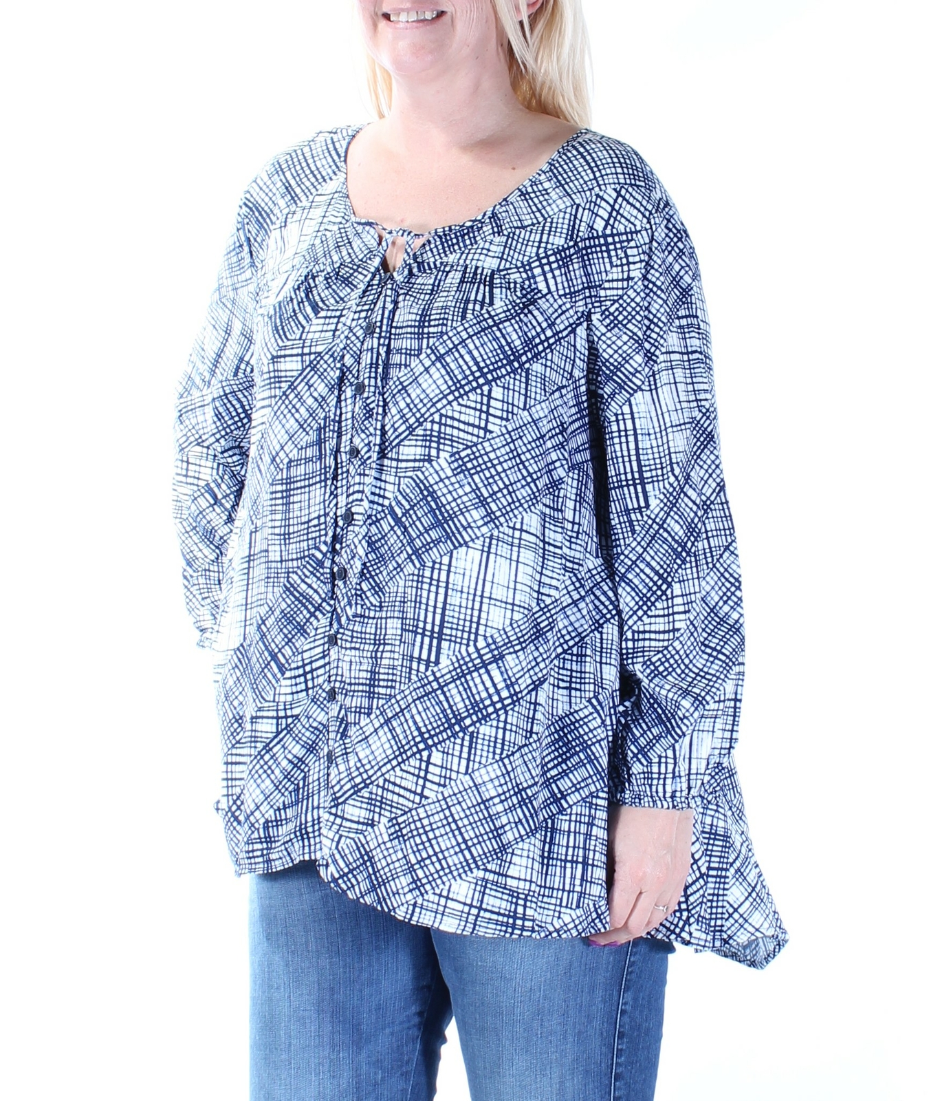 STYLE & COMPANY Womens New 7475 Blue Printed V Neck Long Sleeve Casual Top L B+B
