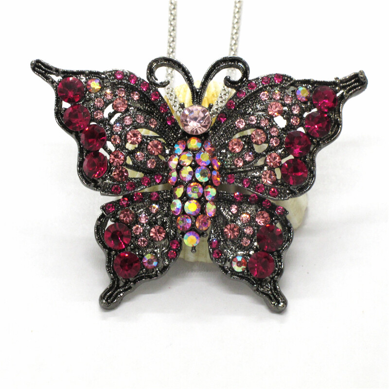 Hot Rose Bling Cute Butterfly AB Crystal Jewelry Fashion Pendant Women Necklace