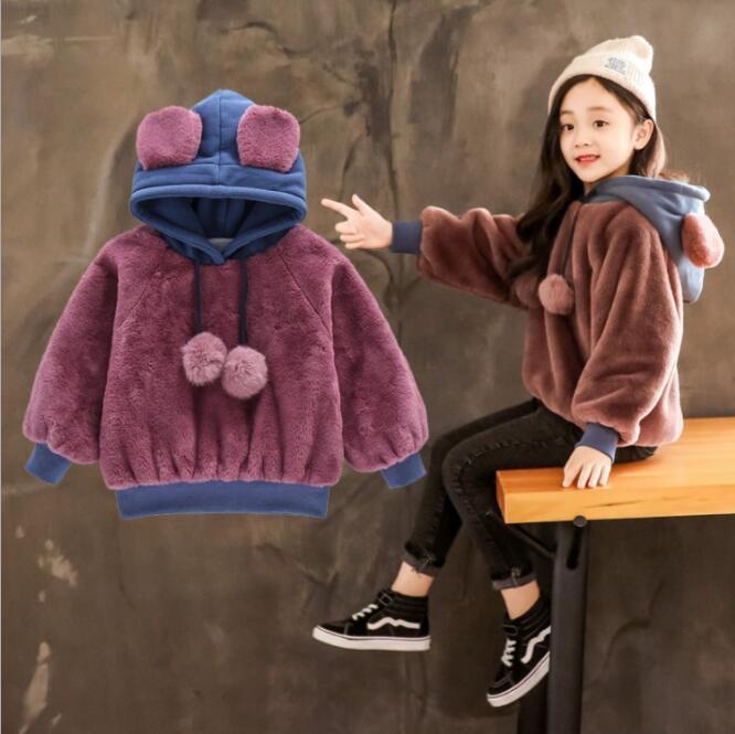 New Kids Girls Fashion Winter Hooded Warm Fleece Pullover Children Fur Hoodies