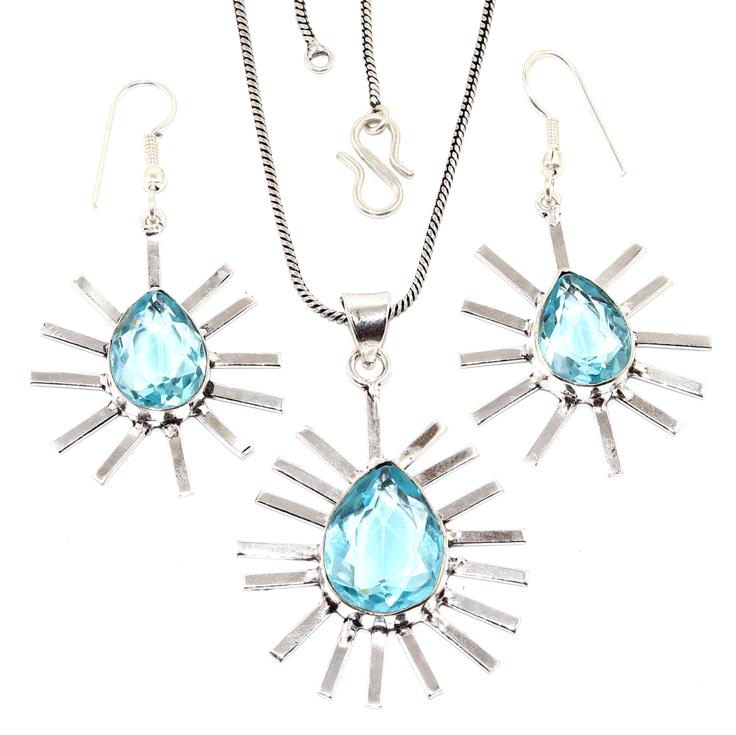 Swiss Blue Quartz Gemstone Handmade Gift Silver Jewelry Pendant & Earring 2”