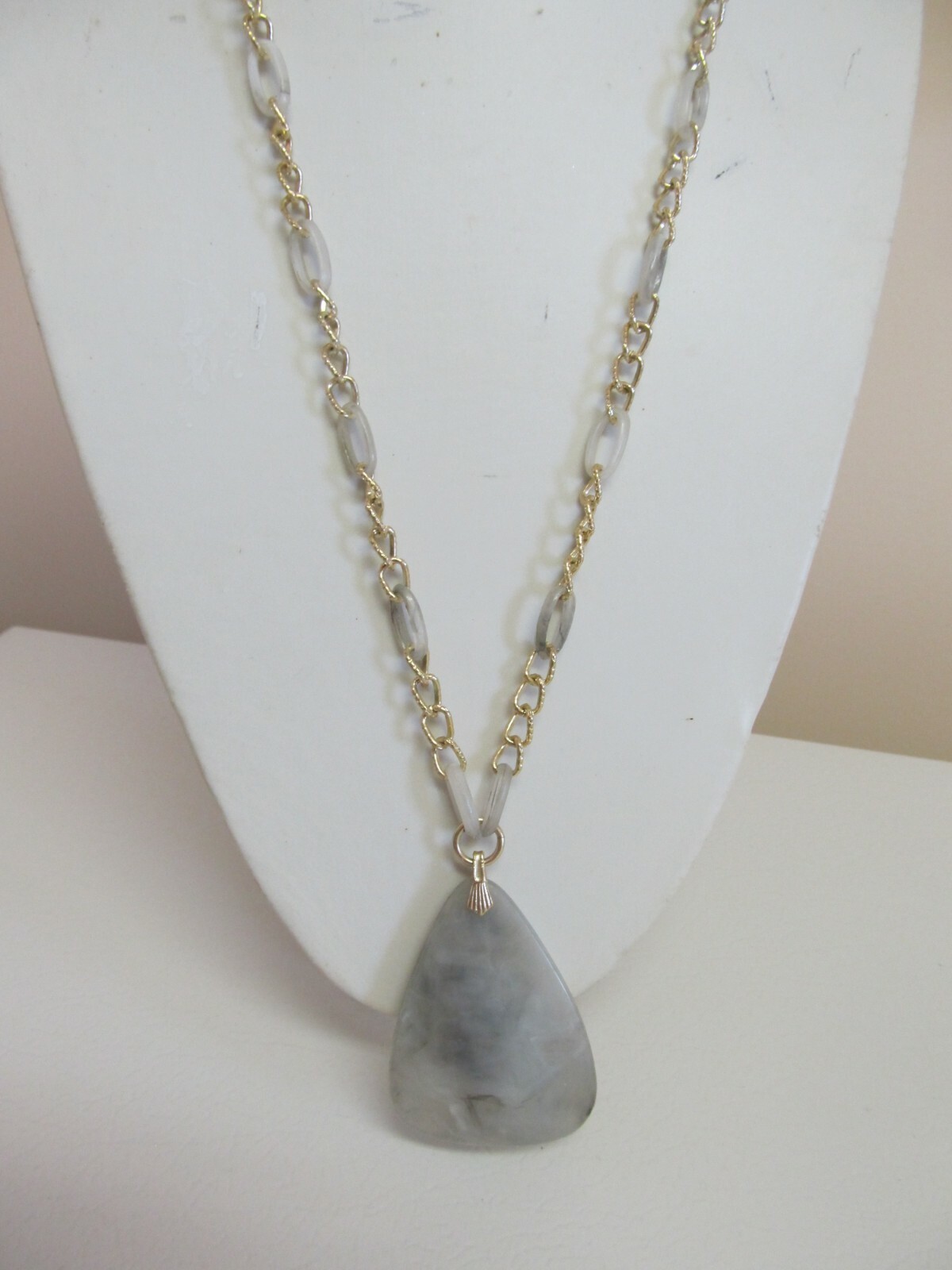 Gray Mottled Pendant On 24″ Gold Chain & Bead Necklace Gray Mottled Pendant On 24″ Gold Chain & Bead Necklace