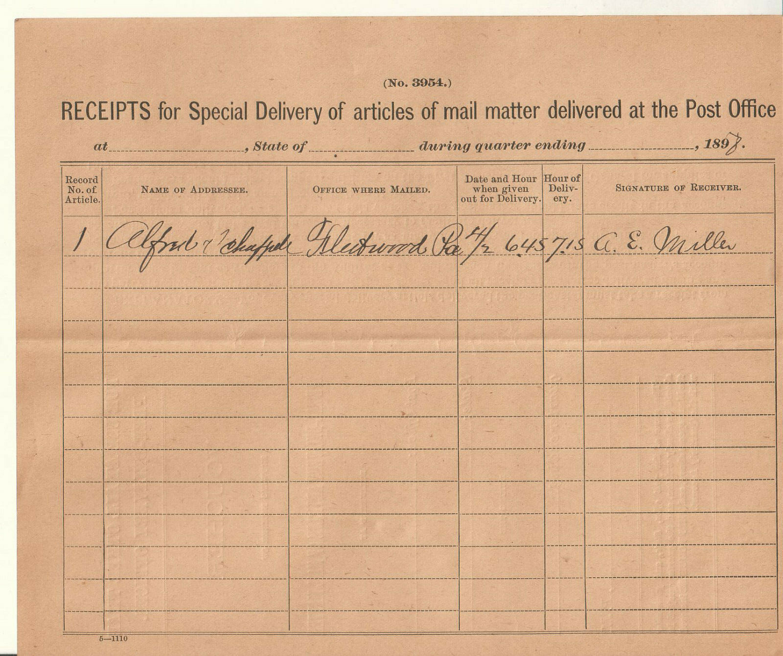 1898 US Post Office Dept Voucher Special Deivery Articles of Mail Fleetwood PA 1898 US Post Office Dept Voucher Special Deivery Articles of Mail Fleetwood PA