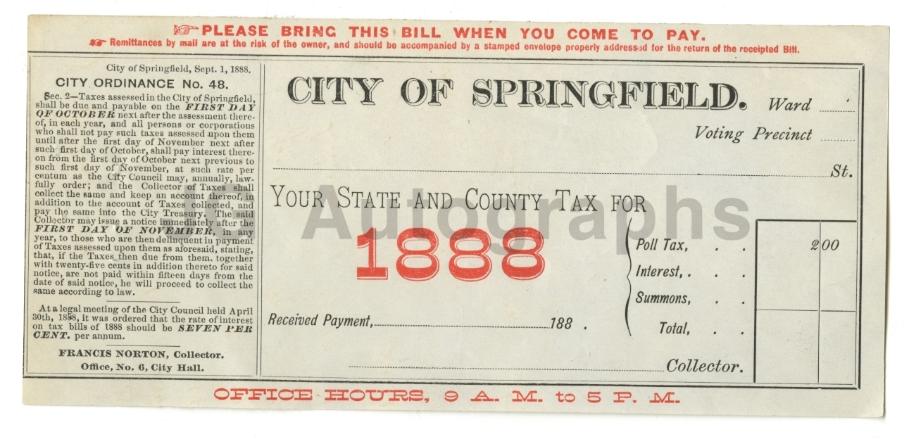 19th Century Banking – 1888 Tax Voucher – “City of Springfield” 19th Century Banking – 1888 Tax Voucher – “City of Springfield”