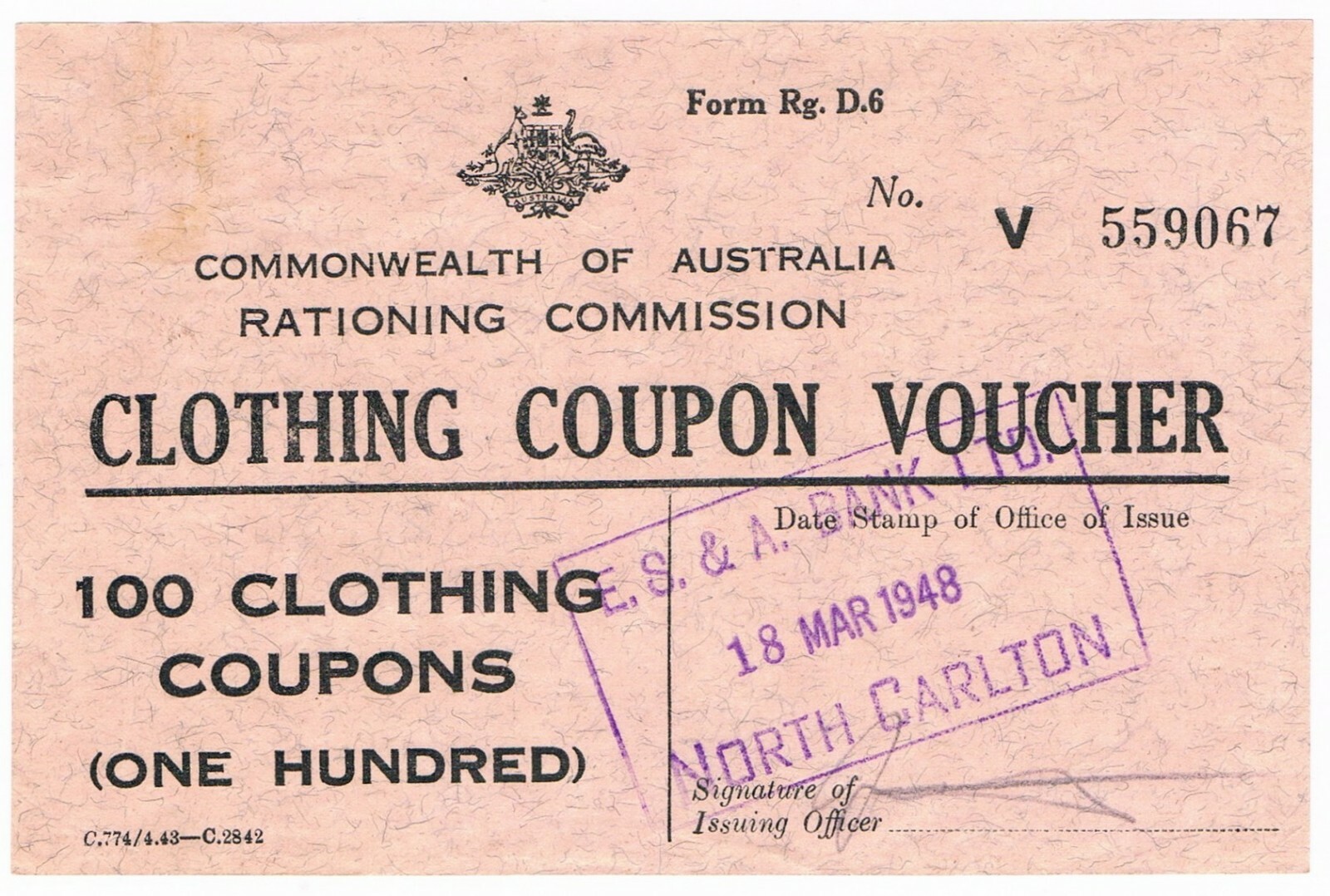 AUSTRALIA • 1948 Clothing Coupon Voucher: 100 Clothing Coupons AUSTRALIA • 1948 Clothing Coupon Voucher: 100 Clothing Coupons