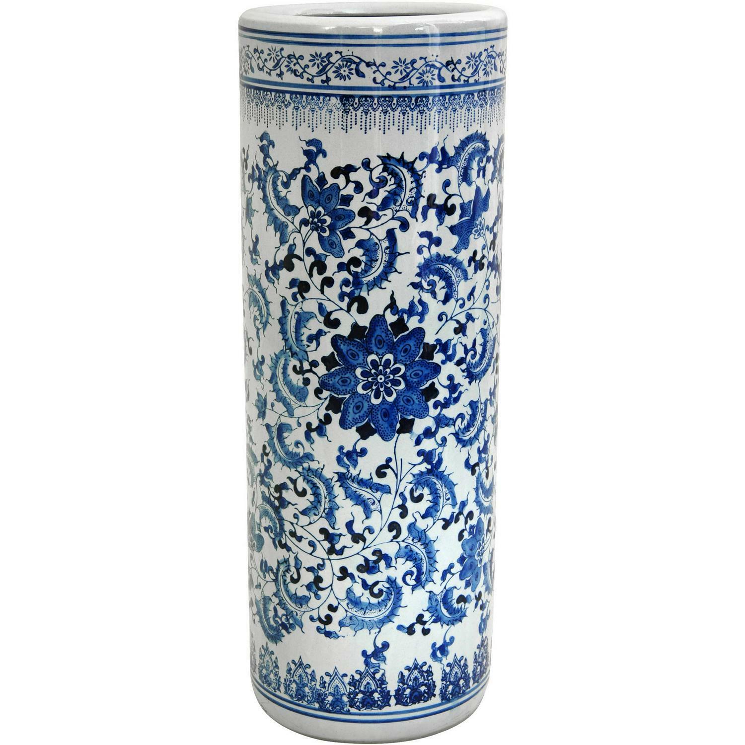 Umbrella Stand, 24-Inch White Porcelain Holder Home Antique Design, Floral Blue Umbrella Stand, 24-Inch White Porcelain Holder Home Antique Design, Floral Blue
